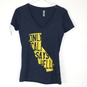 Women's Navy V-Neck Graphic Tee with Yellow California Print